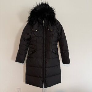 Women’s Cole Haan Black Puffer Coat Knee Length Hooded Size Medium Down Fill
